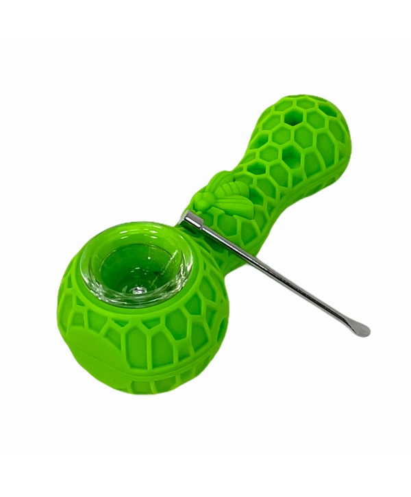 Honey Bee 4" Silicone Hand Pipe with Glass Bowl and Tool